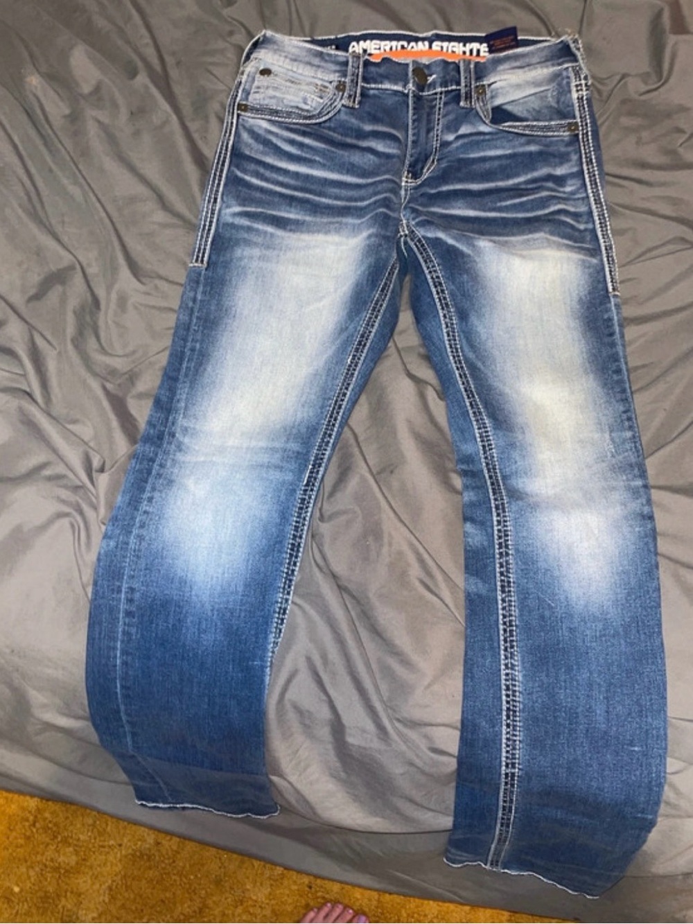 American Fighter Men's Distressed Blue Bootcut/ Slim Fit Style Jeans
